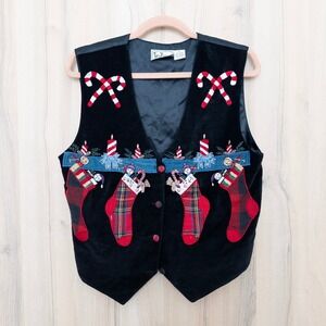VTG Tantrums Womens Holiday Vest Size S Black Embroidered Novelty Festive Retro